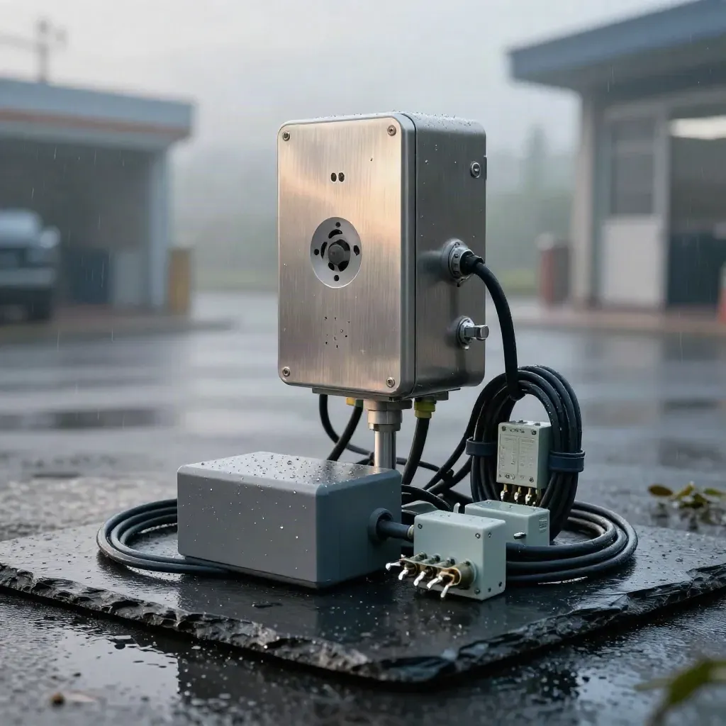 Alarmhardware auf nassem Schiefer im Morgendunst, Sirenengehäuse und Sensoren im Fokus.