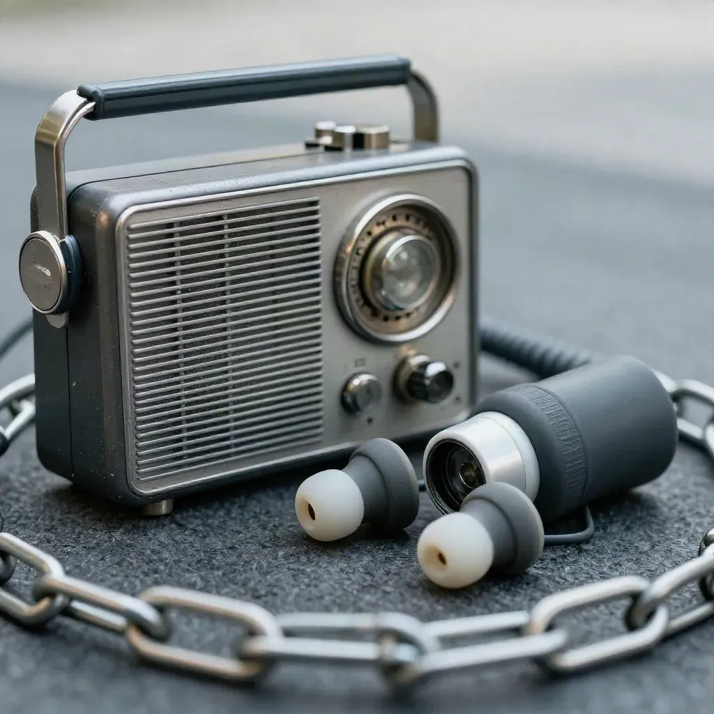 Funkgerät, Earpiece-Spirale und Taschenlampe auf dunklem Filz, unscharfer Gitterzaun vorn