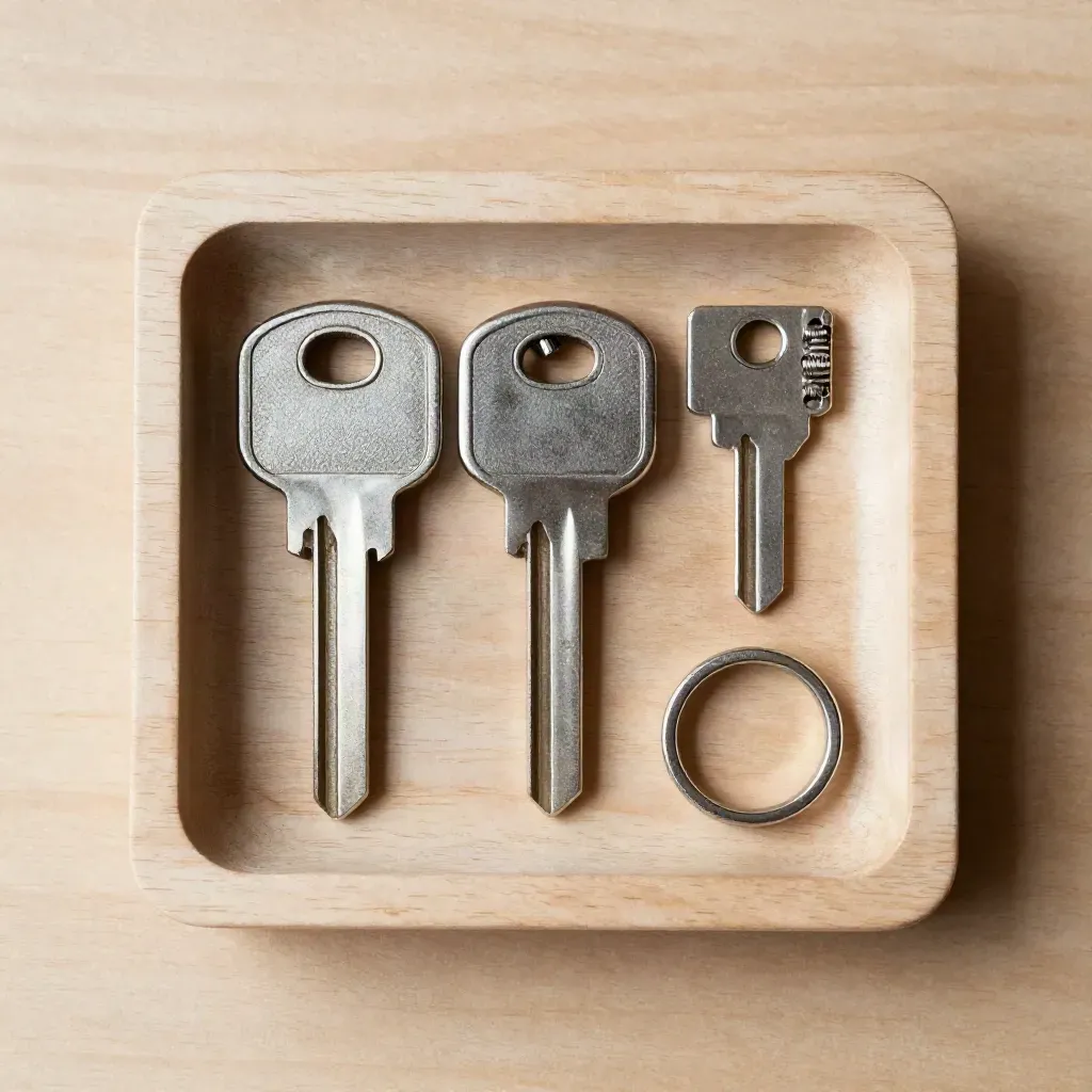 Schlüssel, Schließkern und Latch-Komponente auf hellem Holz, sauber inventarisiert.