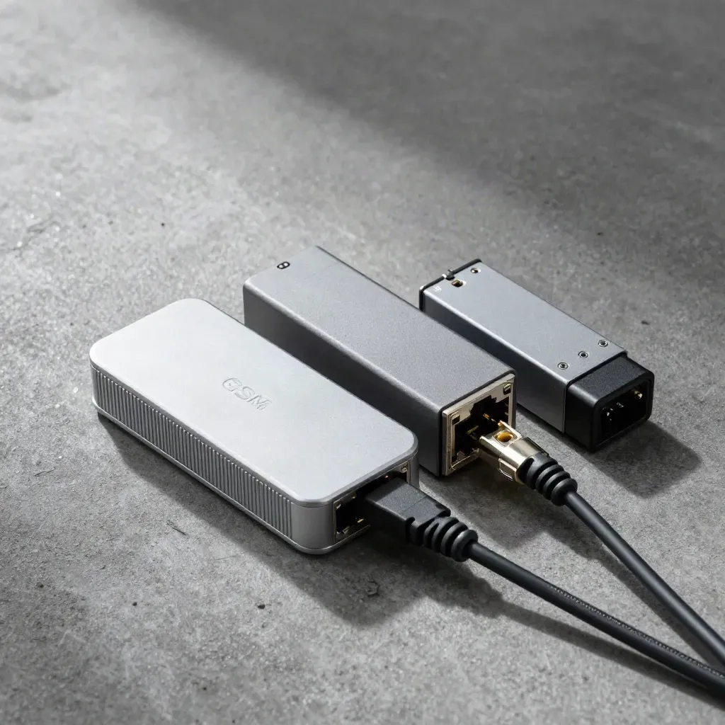 Drei Alarmmodule auf dunklem Beton, von oben fotografiert, metallisch und präzise.