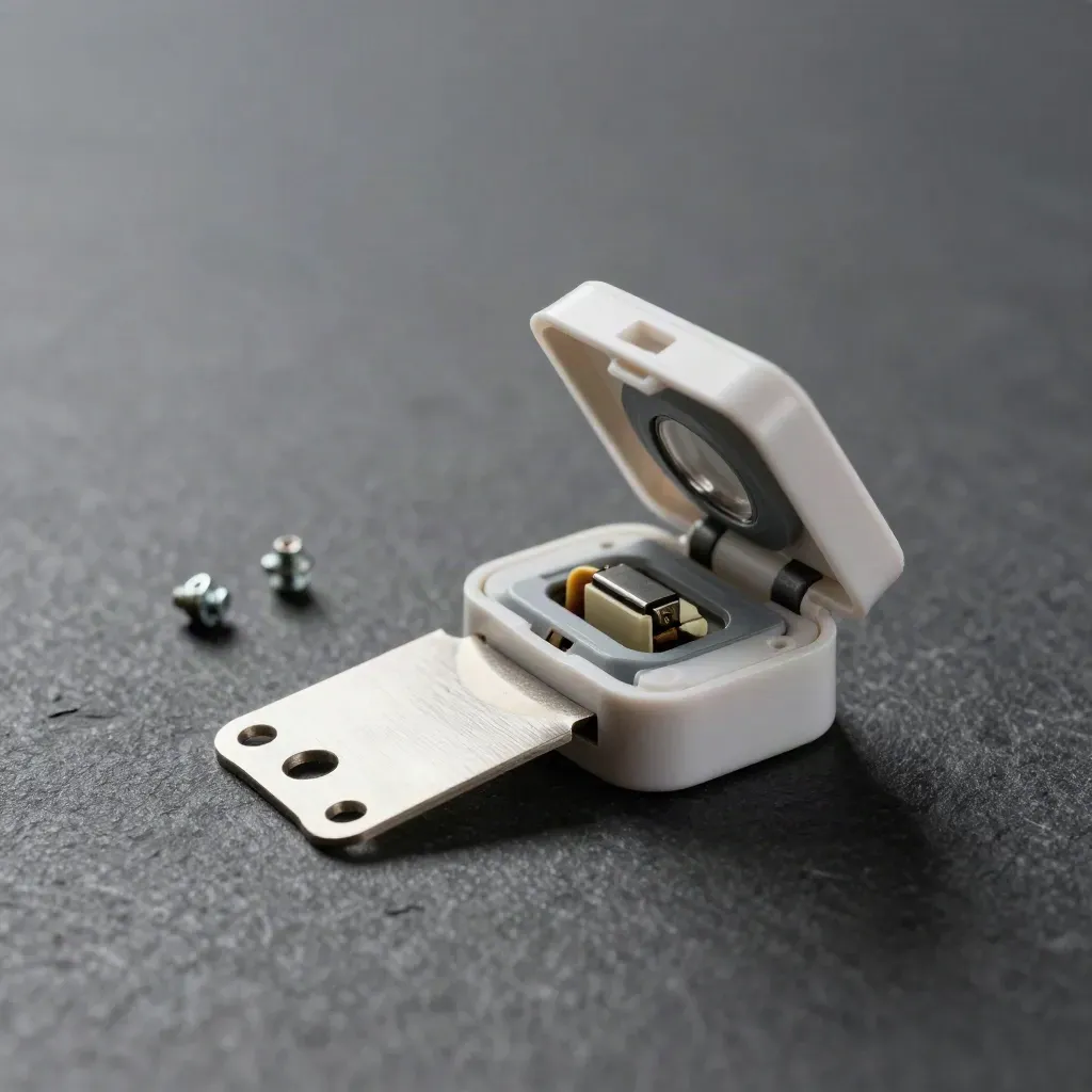 Geöffneter Türkontakt-Sensor mit zwei Schrauben auf dunklem Stein.