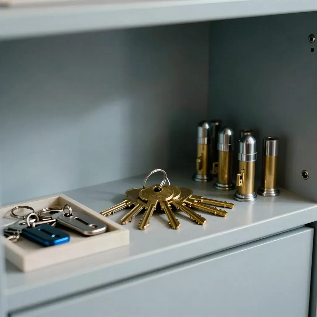 Brassschlüssel, Schlösser und Fob-Tags auf Stein im Schlüsselraum von Hausverwaltungen.
