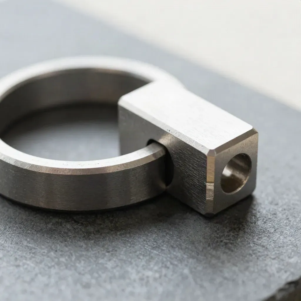 Makro von ineinandergreifenden Aluminiumringen und einem Connector auf Graphitstein.