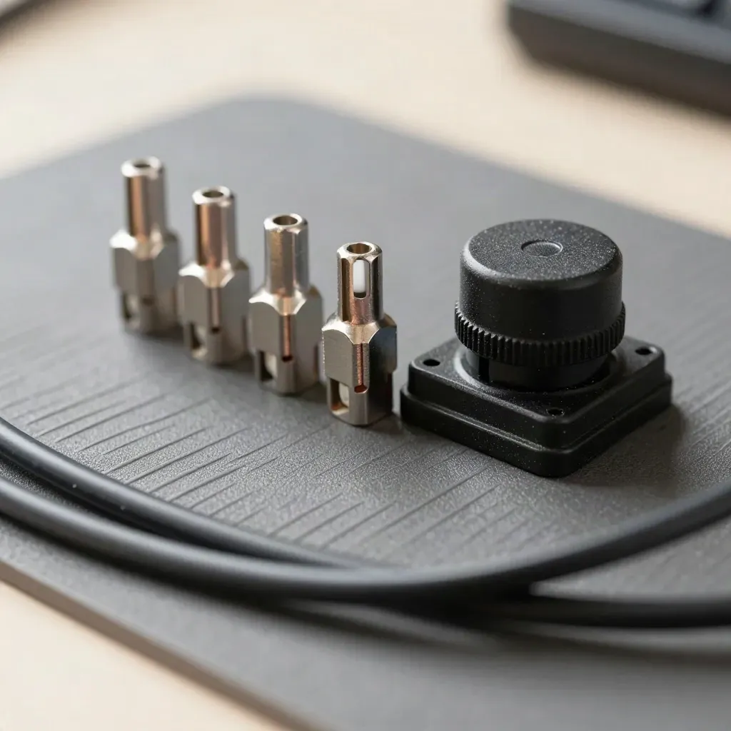 Installationswerkzeuge mit Prüfer, Aderendhülsen, Sensormagnet und Meldersockel auf Gummimatte.