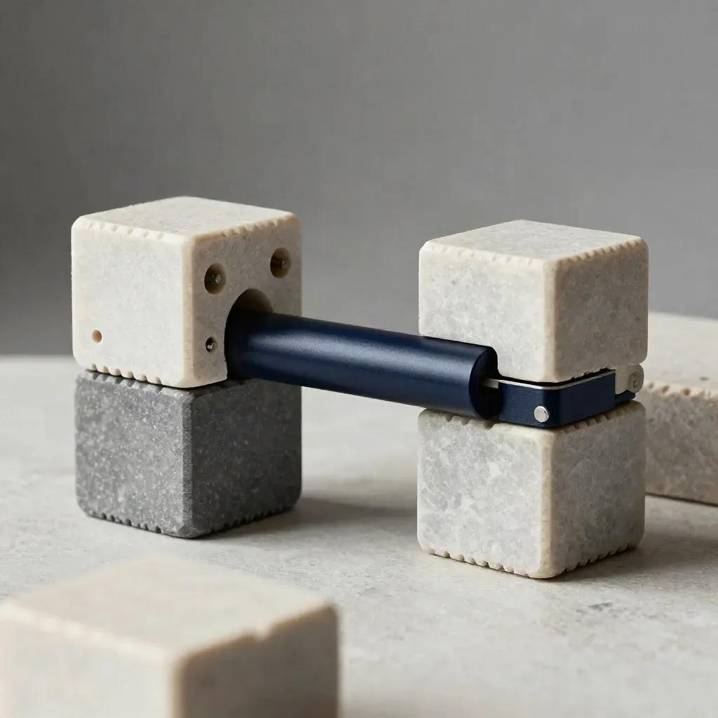 Brushed-Steinstillleben mit modularen Blöcken und Verbindungssteg in dunklem Blau.