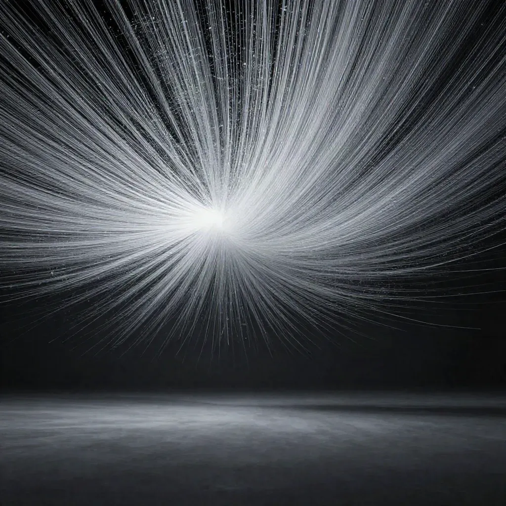 Silberne Lichtfasern bündeln sich in dunklem Raum zu einem hellen, schwebenden Bloom.