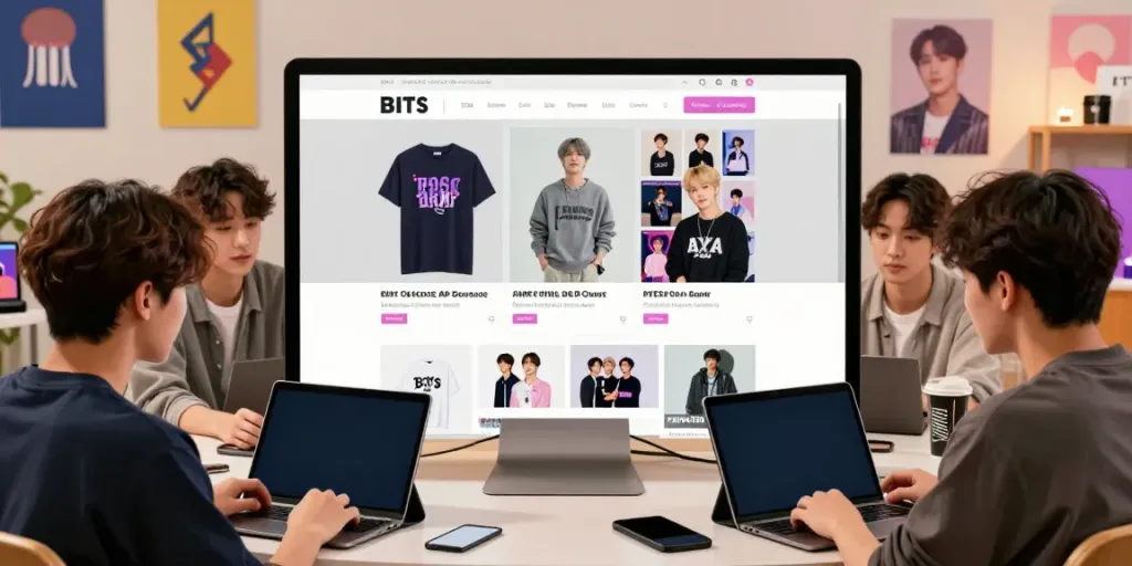 Fans exploring the rokok88 super online shop featuring BTS merchandise like shirts and accessories.